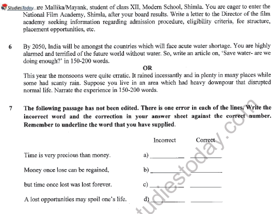 CBSE Class 11 English Question Paper Set U Solved